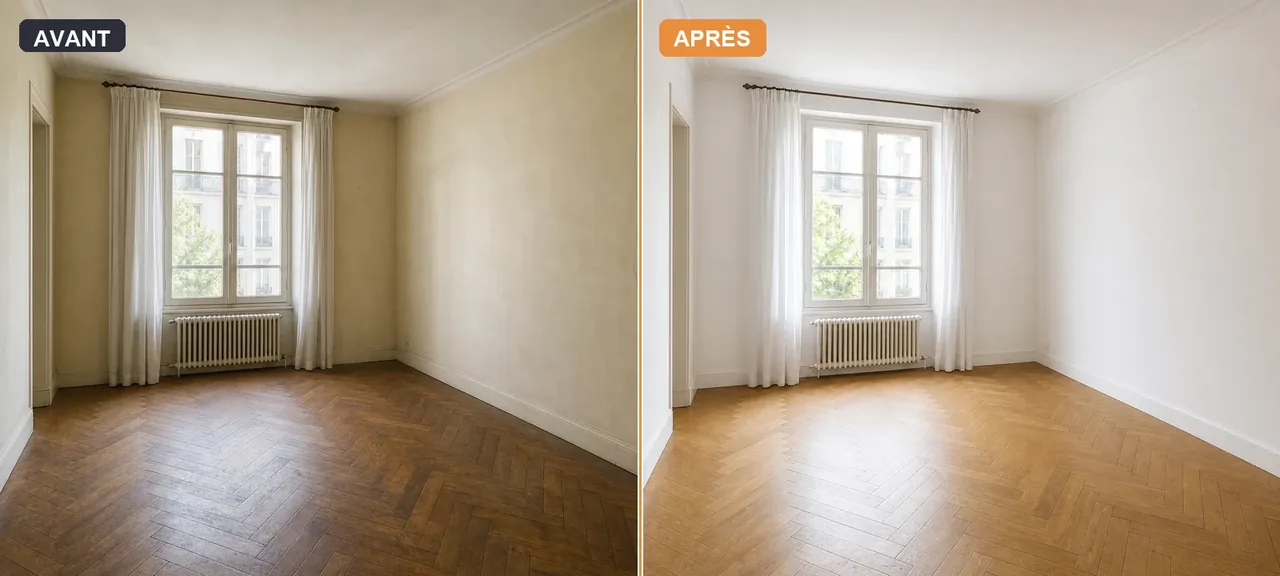 Avant après rénovation intérieure — pièce datée puis espace lumineux et moderne