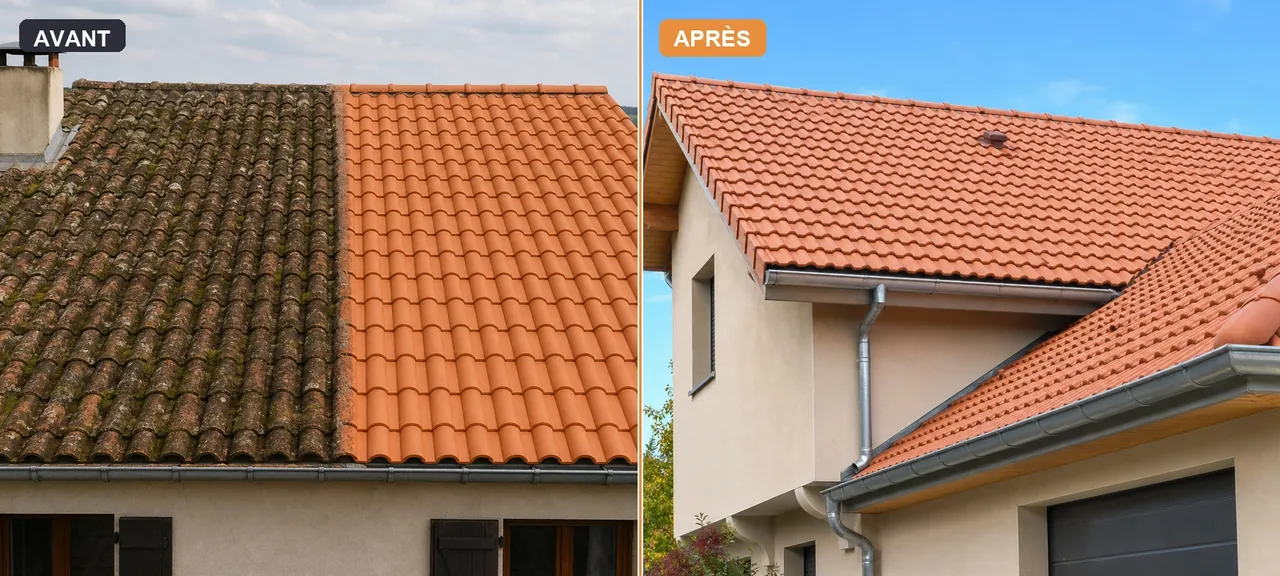 Avant après rénovation de toiture — tuiles usées puis couverture remise aux normes
